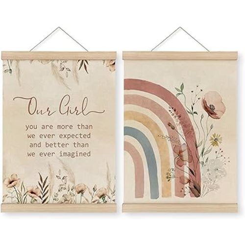 MAQIKA Baby Girl Nursery Decor Poster Framed with Wood Hanger Set of 2, Girl Nursery Hanging Wall Decor, You Are More Than We Ever Expected Rainbow Canvas Wall Art Paints for Baby Girls Room 12x16 In