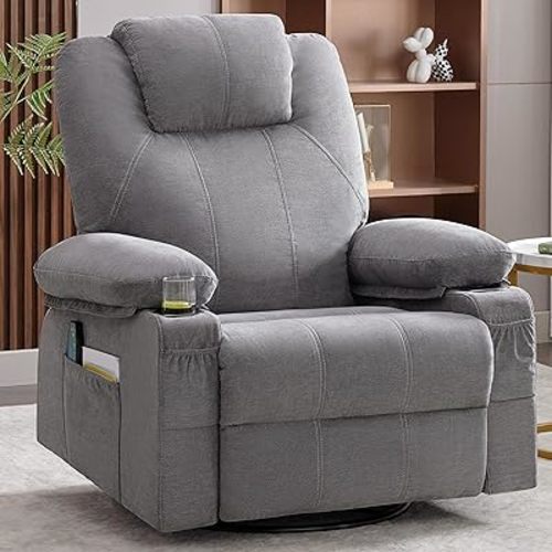 Swivel Rocker Recliner Chair with Heat and Massage, 360 Degree Swivel Rocking Single Sofa with Cup Holders and USB Port, Big Large Oversized Recliner Chair for Living Room (Fabric, Grey)