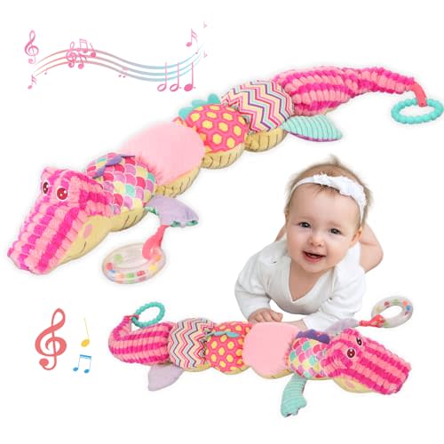 Baby Sensory Toy 0-6 Month Musical Pink Crocodile Plush Toy for Infant 0-3-6 Months Rattles with rustling Sounds and Tummy time Sensory Toys Baby Shower Birthday Gifts