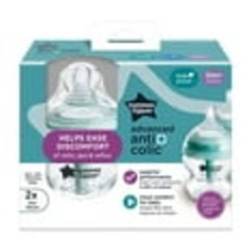 Tommee Tippee Advanced Anti-Colic Baby Bottles, 0 months plus, Pack of 2, 5oz Baby Bottles, with Slow Flow Breast-Like Nipple for Natural Latch, Self-Sterilizing and BPA Free