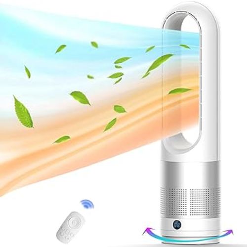 Voagupa Bladeless Heater and Fan Combo with Air Purifier, All the Season, 80° Oscillating with Remote and Touch Control, 8H Timer, 24 Inch, Floor Fan for Indoor Use, Large Room, Silver White