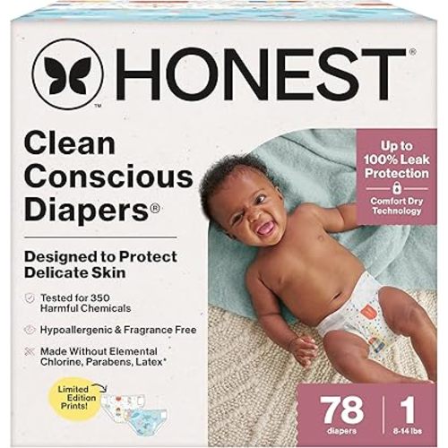 The Honest Company Clean Conscious Diapers for Sensitive Skin | Up to 100% Leakproof | Hypoallergenic, Fragrance Free | Summer '25 Limited Edition Prints | Club Box, Size 1 (8-14 lbs), 78 Count