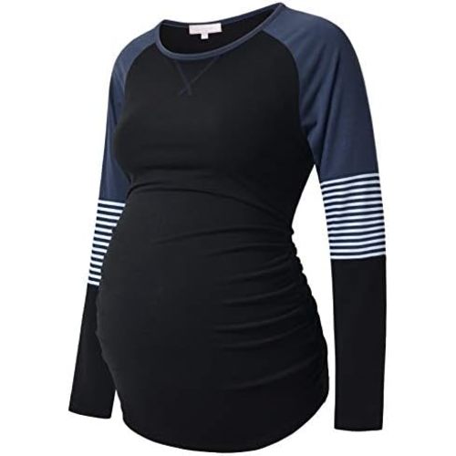 Bhome Long Sleeve Maternity T-Shirt Colorblock Baseball Tee Casual Pregnancy Tunic Top