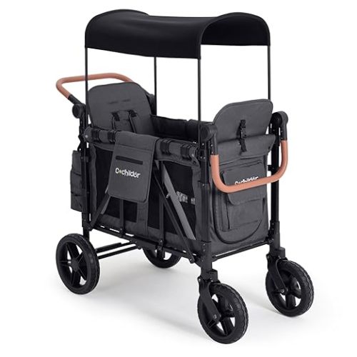 Cochildor Premium 2 Seater Wagon Stroller for Kids, Foldable All-Terrain Stroller Wagon with Removable Seats, Adjustable 5-Point Safety Harness, Canopy, and Dual Handles, Dark Gray