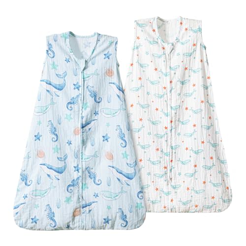PHF 100% Muslin Cotton Baby Sleep Sacks, 0-6 Months Sleep Sack with 2-Way Zipper, 2 Pack Cooling 0.5 TOG Breathable Small Size Sleeveless Baby Wearable Blanket for Baby Boy, Whale