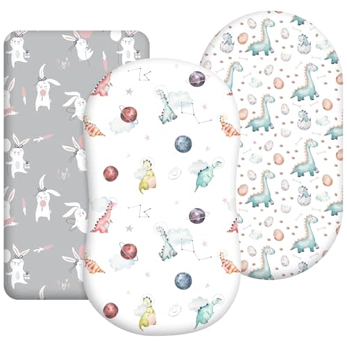 Bassinet Sheets for Baby Girl Boy, 2 Pack Soft Breathable Baby Bassinet Mattress Sheets Fit for Hourglass Oval Cradle, Moses Basket Rectangle Mattress (Dinosaur)
