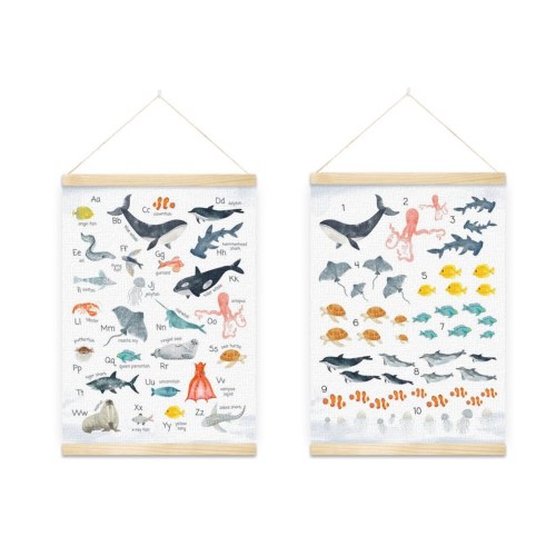 Alphabet and Numbers Canvas Wall Art, Sea Animals Alphabet Poster for Toddlers, Educational Print Nursery Wall Art for Boy Girl Bedroom Wall
