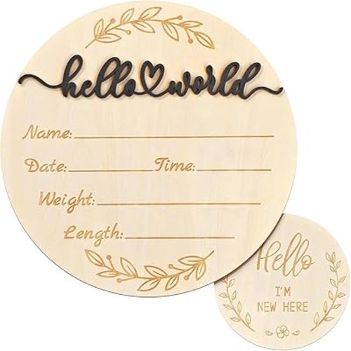 ZIEYOMI-Baby Announcement Sign, Hello World Newborn Sign, Wooden Baby Name Sign for Nursery, Birth Announcement Sign for Hospital, Welcome Baby Sign Announcement Board for Photo Prop Baby Shower-Black