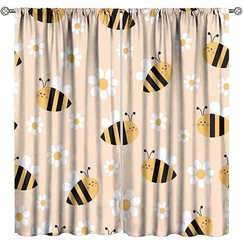 Bee Curtain Cartoon White Flowers Cute Bees for Kids Room Decoration Blackout Print Rod Pocket Window Drapes for Bedroom Living Room 42x45in