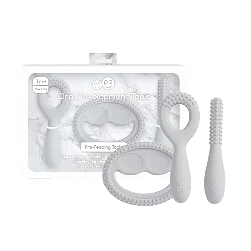 ezpz Oral Development Tools - 3 Months+ (3 Pack in Pewter) - Non-Slip Loop, Smile and Stick, 100% Silicone Tools to Practice Feeding + Chewing - Sensory Bumps - Dishwasher Safe
