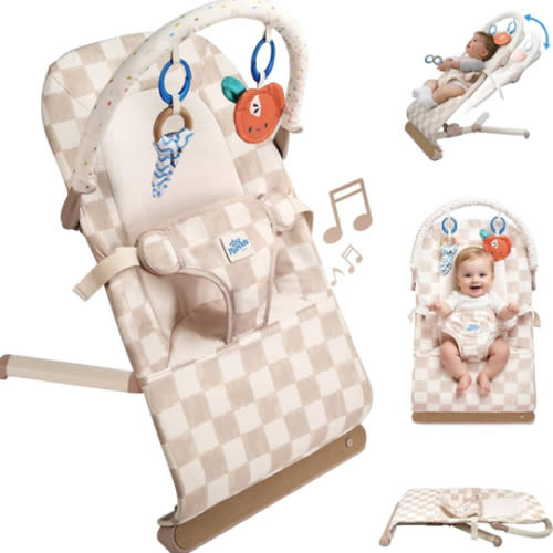 Tiny Marvels Baby Bouncer, 3-Point Harness Baby Bouncer Seat for Newborn Toddler, Portable Baby Rocking Chair with Sensory Toys and Music, Compact & Portable Baby sit up chair (Sand Checks)