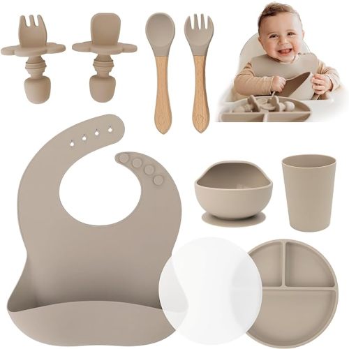Extra Heavy Silicone Baby Feeding Set Essentials, Premium 9-Piece Set of Baby Led Weaning Supplies with Silicone Baby Plate with Lid, Superior Suction Bowl and Baby Utensils - Beige