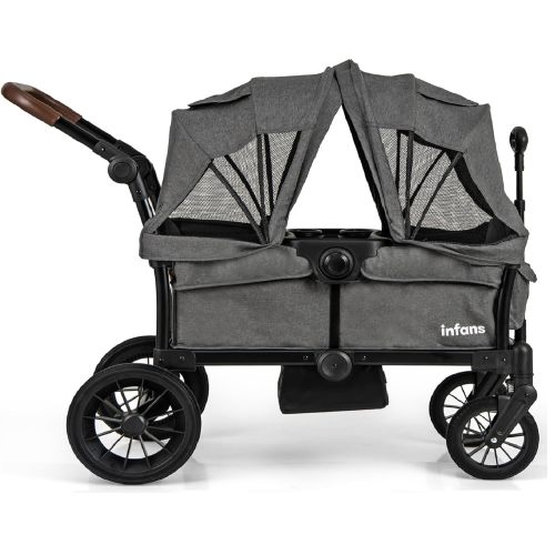 OLAKIDS Wagon Stroller for 2 Kids, Collapsible Adjustable Push Pull Handle Bar, 2 Seater Stroller Wagon with Removable Canopy Snack Tray, Comfortable Drop-Down footwell and Upholstered Seats
