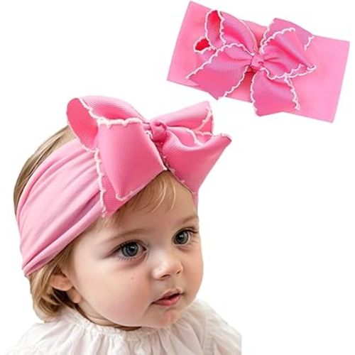 Baby Girl Soft Nylon Bow Elastic Headband Turban Toddler Infant Bow-knot Stretchy Hair Band Birthday Party Hair Bow Ribbon Accessories for Newborn Baby (Bow 1 - Rose pink, Elastic)
