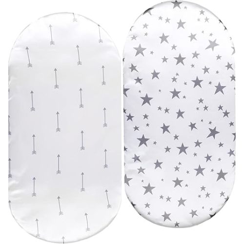 Bassinet Sheet Set 2 Pack Satin Ultra Soft Silk Fit for Rectangle, Hourglass, Oval Bassinet Mattress Protect for Baby Hair and Skin Cradle or Bassinet Sheets, Arrows & Stars