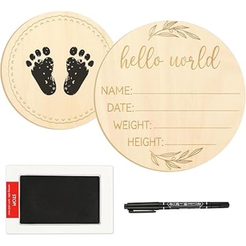 Baby Birth Announcement Sign, 6.7 Inch Wooden Hello World Newborn Name Sign for Hospital, Baby Welcome Sign Photo Props for Boys and Girls