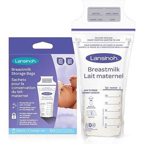 Lansinoh Breastmilk Storage Bags, 50 Count, 6 Ounce, Self Standing, Easy to Use Milk Storage Bags for Breastfeeding, Presterilized, Hygienically Doubled-Sealed, for Refrigeration and Freezing
