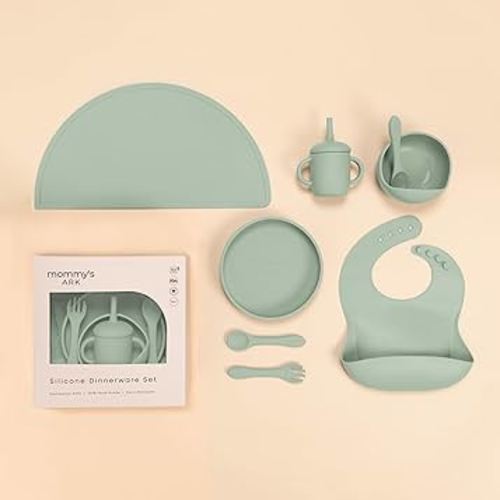 Mommy's Ark 10-Piece Dinnerware Set: Food-Grade Essentials! Dishwasher-Safe Convenience: Bowl & Spoon Set™, Silicone Plate, Catch-All™ Bib, Fork + Spoon Set, Spill-Proof Sippy Cup, Non-Slip Place Mat