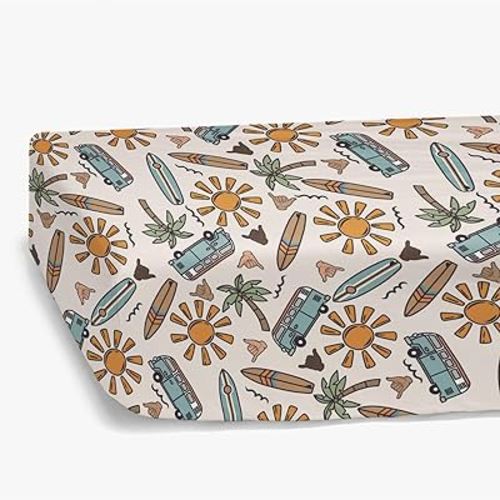 Hawaii Beach Surf Summer Vibe Fitted Standard Crib Sheet for Baby Boy, Tropical Coconut Tree Sun Toddler Mattress Cover, Soft Breathable Stretchy Nursery Bed Sheets Decor Kids Gift 52" x 28"