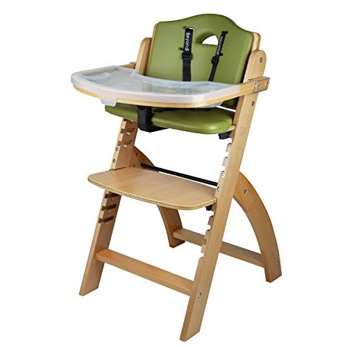 Abiie Beyond Junior Wooden High Chair with Tray - Convertible Baby Highchair - Adjustable High Chair for Babies/Toddlers/6 Months up to 250 Lbs - Stain & Water Resistant Natural Wood/Olive Cushion