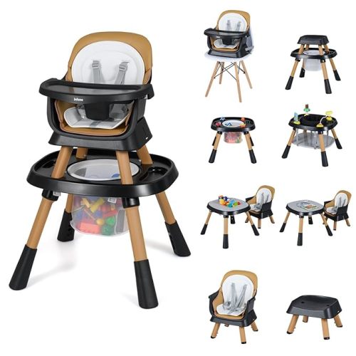 INFANS 9 in 1 High Chair, Convertible Baby Highchair for Babies and Toddlers, Table and Chair Set Building Block Infant Dining Booster Seat, Kids Stool with Activity Children Play Kitchen (Brown)