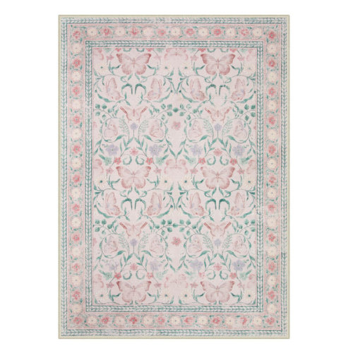 Kaldi Washable Area Rug for Bedroom Floral Ultra-Thin Non-Slip Pastel Bedroom Nursery Playroom Carpet
