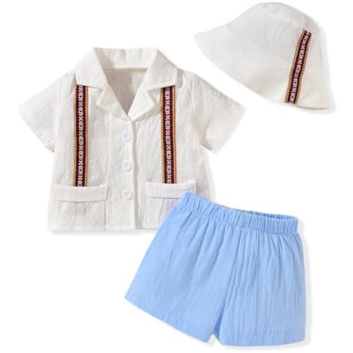 Toddler Baby Boy Summer Outfit Embroidered Mexican Guayabera Shorts Set with Hat