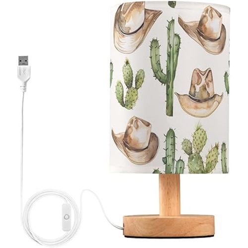 Bedside Table Lamp Western Cowboy Desert Cactus Nightstand Lamp with Wood Desk Lamps for Bedroom Living Room Nursery Office Home Decor