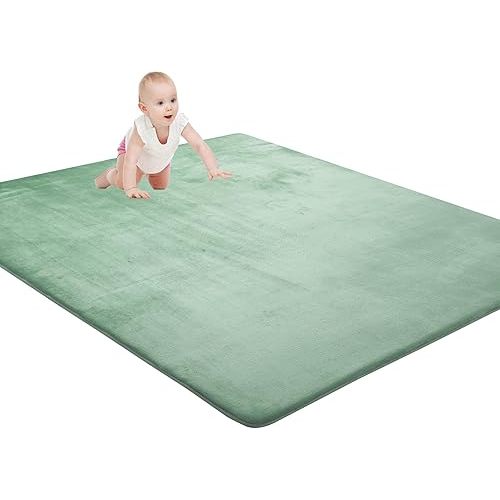 HOMBYS Thick Play Mat for Playpen 50x50, Supportive 0.8" Memory Foam Baby Play Carpet Mat with Non-Slip Backing for Kids Toddler Crawling and Play, Super Soft Velvet Playmat for Nusery, Sage Green