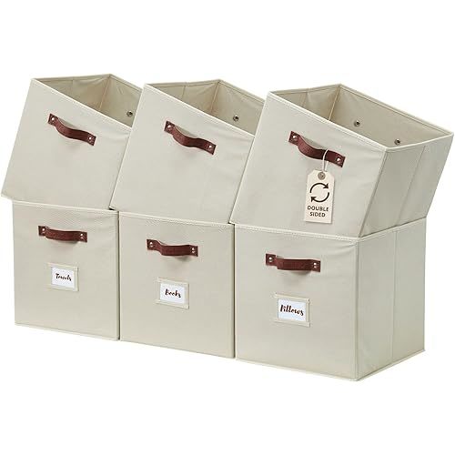 DECOMOMO Storage Bins | Cube Storage Bin with Label Holders, Fabric Storage Cubes for Organizing Shelves Closet Toy Clothes (10.5" x 11" / 6pcs, Beige)