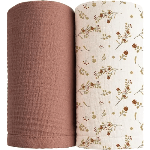 Konssy 2 Pack Muslin Swaddle Blankets for Baby Boys Girls, Receiving Blanket Large 47 x 47 inches, Soft Breathable Muslin Baby Blanket for Unisex Newborn(Chestnut, Floral)