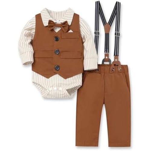 Crazyme Newborn Baby Boy Clothes Gentleman Outfits Long Sleeve Romper Bowtie Tuxedo Suit