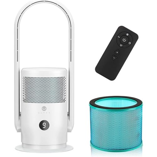 ULTTY Bladeless Tower Fan with Air Purifier, 90° Oscillating Tower Fan with HEPA Filter, Remote Control, Touch, 8H Timer, 9 Speeds, Powerful Floor Fan for Bedroom Room Home Office, CR021, White