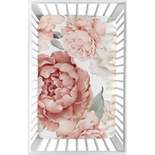 Sweet Jojo Designs Girl Baby Fitted Mini Crib Sheet Peony Floral Garden Pink and Off White