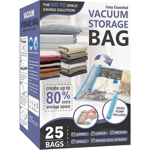 Cozy Essential Vacuum Storage Bags, 80% Compression Vacuum Seal Space Saver Plastic Packaging Bags for Clothes, Blankets, Pillow, Bedding, Comforters, Sealer Clothing Storage,25 Combo