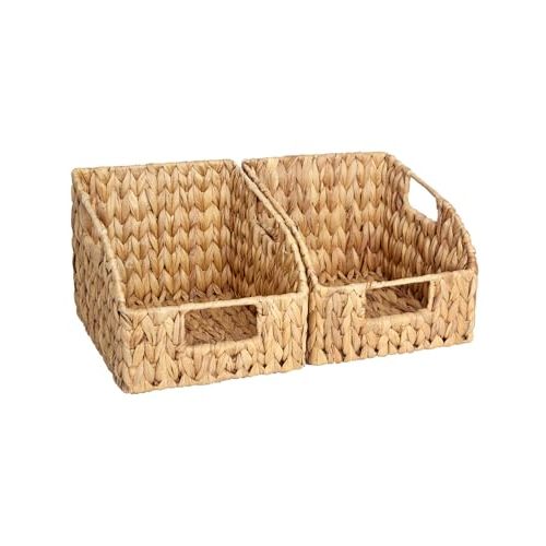 StorageWorks Pantry Baskets for Organizing, Wicker Baskets with Built-in Handles, Handwoven Wicker Storage Baskets, Water Hyacinth for Shelves, 2 Pack