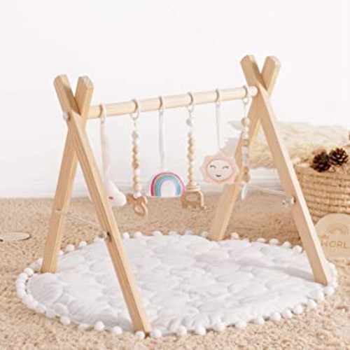 Wooden Baby Gym with 6 Baby Toys, Foldable Baby Play Gym with White Mat, Play Gym Frame Activity Gym Hanging Bar, Baby Gym Activity Center for Newborn, Baby Girl and Boy Gym