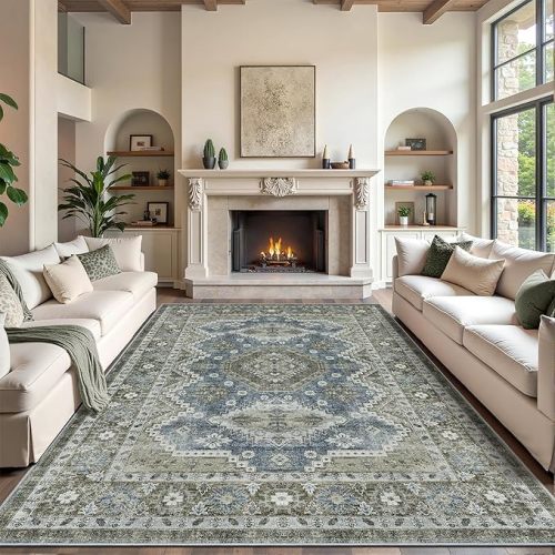 Rugland 9x12 Area Rug - Stain Resistant Washable Rug, Anti Slip Backing Rugs for Living Room, Vintage Tribal Area Rugs (TPR07-Green, 9'x12')