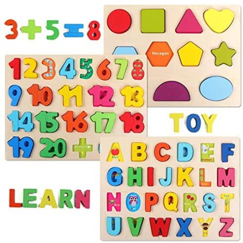 QZMTOY Wooden Puzzles for Toddlers, Wooden Alphabet Number Shape Puzzles Toddler Learning Puzzle Toys for Kids, 3 in 1 Puzzle for Toddlers, Age 3+ (Set of 3)