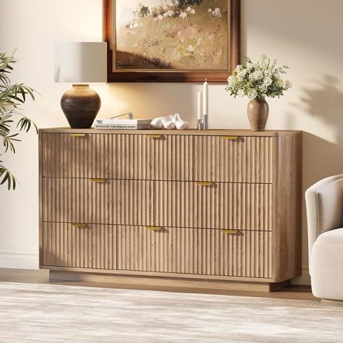 Fluted 8 Drawer Dresser for Bedroom, 52” Wide Modern Chest of Drawers with Metal Handle, Curved Profile Design, Wooden Dressers TV Stand, Storage Organizer for Living Room, Hallway (Natual)