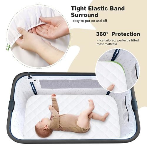 100% Waterproof Baby Bassinet Mattress Pad Cover Protector Compliable with Cloud Baby Bedside/Yacul Bedside Crib/Graco Travel Lite Bassinet, Breathable and Comfortable, 31" x 21", 2 Pack