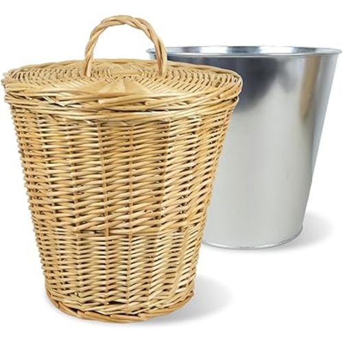 3 Gallon Small Wicker Trash Basket with Metal Liner, 11x7.5x11.5 In Wicker Trash Can with Lid, Tall Wickers Waste Basket, Handwoven Trashs Cans for Bedroom Kitchen Living Room, Raw Wood Color