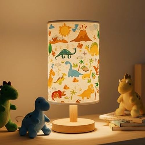 Dinosaur Lamp, Dinosaur Lamps for Boys Room, 3 Colors Nightstand Light Lamp, Round Wood Base Flaxen Fabric Desk Lamp for Kids Room, Dino Lamp Gift for Boys (LED Bulb Included) (Dinosaurs)