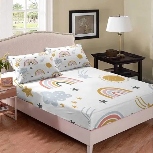 Erosebridal Girls Rainbow Fitted Sheet Sun and Stars Bed Sheets Twin Size for Kids Boys Children Cartoon Cloud Bedding Set Girly Soft Microfiber Bed Sheet Home Decor with 1 Pillow Case(No Flat Sheet)