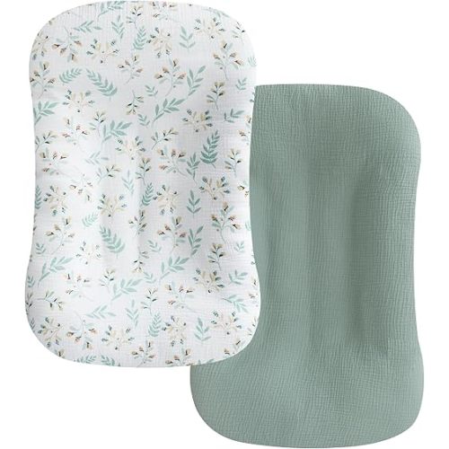 habibee Muslin Baby Lounger Cover 2 Pack, Cotton Baby Lounger Pillow Cover for Newborn, Organic Infant Lounger Cover for Boys and Girls, Green&Flower