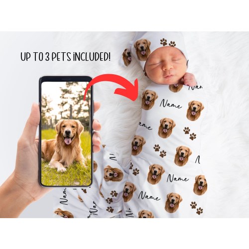 Custom Pet Portrait Swaddle Blanket, Personalized Baby Swaddle Set, Newborn Photo Prop, Receiving Blanket Newborn Coming Home Outfit Baby