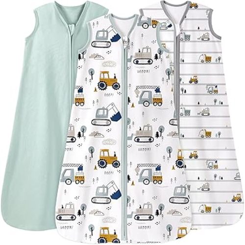 Baby Sleep Sack 0-6 Months 3 Pack 100% Cotton Lightweight 0.5 TOG Wearable Blanket Baby Sleep Bag with 2-Way Zipper for Newborn Infant Excavator