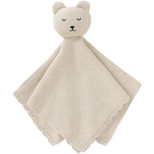 LAWKUL Baby Lovey Knit Newborn Babies Security Blankets Bear Lovie Cuddly Comforter Safe Loveys for Infant Boy Girl Beige