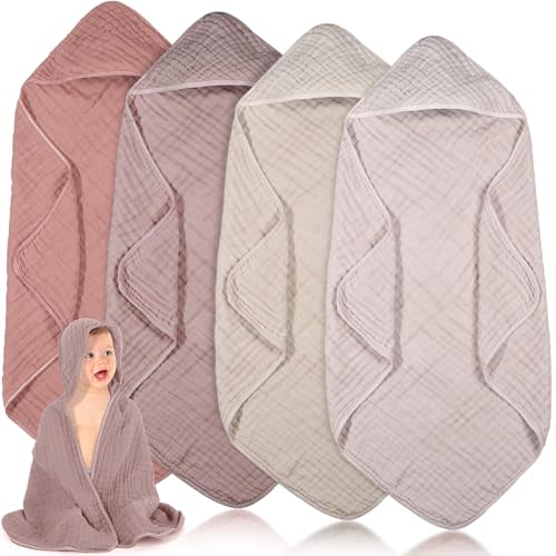 Peryiter 4 Pcs Muslin Hooded Baby Towels,32"x 32" Cotton Newborn Bath Towel Muslin Infant Baby Blankets Absorbent Unisex Newborn Registry Gift for Girls Boys (Beige Series)