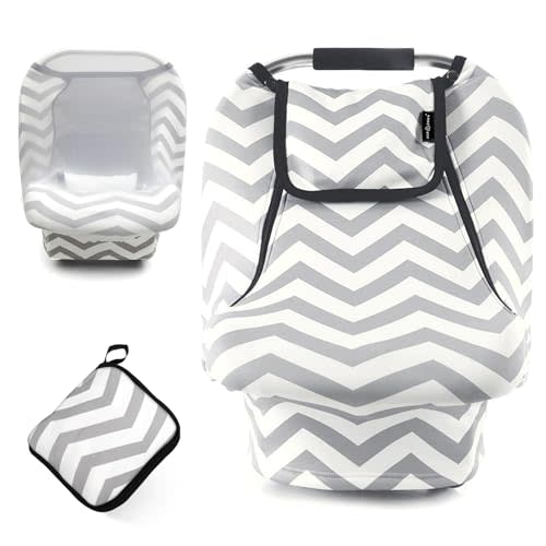 ACRABROS Car Seat Covers for Babies,All Season Infant Carseat Cover Canopy for Boys and Girls,Stretchy Adjustable Peeping Window with Mesh Cover,Warm Breathable Universal, Grey White Chevron